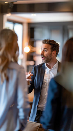 Business professional explaining a point during a casual meeting in a modern office. Concept of business communication and teamwork.の素材