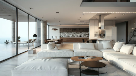 Modern open-concept living room with large windows and ocean view. Perfect for luxury real estate and interior decor inspiration.の素材