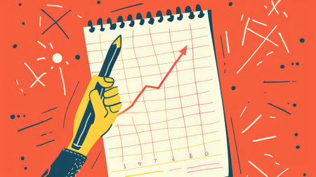 Illustration of a hand holding a pen drawing a rising graph on a notepad against an orange background. Business growth and financial success concept.の素材