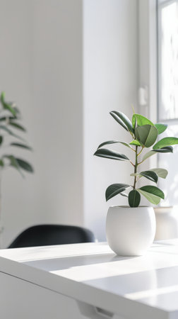Minimalist home office with a computer, chair, and green plant against a white wall. Ideal for remote work, freelance projects, and personal productivityの素材