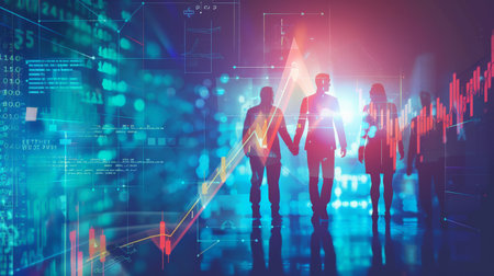 Silhouettes of business people with digital financial charts and graphs in the background. Concept of financial growth and teamwork.の素材