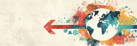 Abstract illustration of a global network and economic data with an arrow pointing forward. Concept of international business growth and digital connectivity.の素材