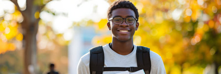 Smiling African American student wearing glasses and carrying a backpack with books outdoors in a bright autumn setting. Education and fall seasonの素材