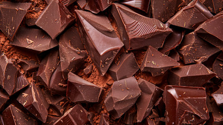 Close-up of dark chocolate pieces creating a rich and textured background. Ideal for dessert visuals.の素材