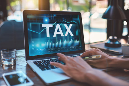 Hand typing on a laptop displaying Tax with financial graphs. Digital tax filing and financial planning concept.の素材