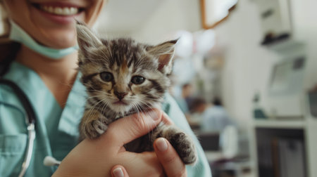 Veterinarian holding a fluffy kitten in a clinic. Pet health and veterinary care concept.の素材