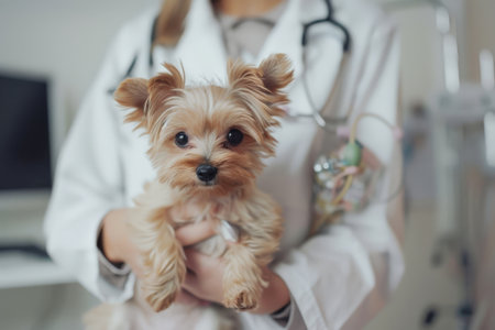 Veterinarian holding a small Yorkshire Terrier puppy in a veterinary clinic. Veterinary medicine and pet healthcare concept.の素材