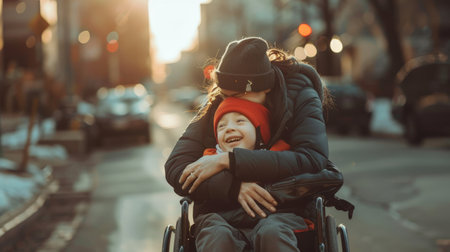 Mother hugging her happy child in a wheelchair on a city street at sunset. Represents love and family.の素材