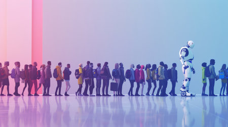 Robot standing in line with people in a colorful, artistic setting. The image highlights the integration of AI and human activities in a creative environment.の素材