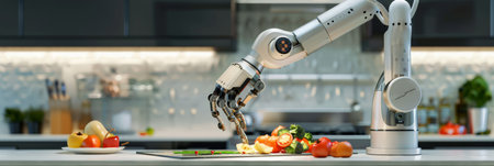 Robotic arm preparing vegetables in a modern kitchen. Advanced kitchen technology and AI.の素材
