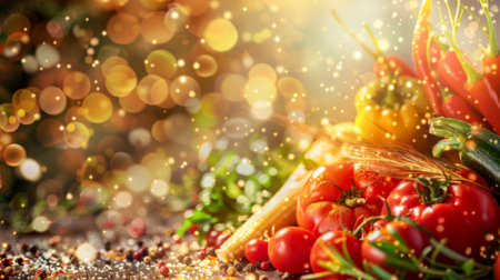 Fresh vegetables with festive bokeh lights in the background. Healthy eating and organic farming celebration concept.の素材