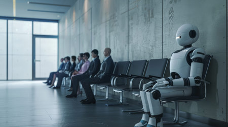 Futuristic robot sitting alone in a waiting room with professionals in the background. Future of AI in everyday professional life.の素材