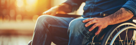 Close-up of a person in a wheelchair with sunlight in the background. Accessibility and independence.の素材