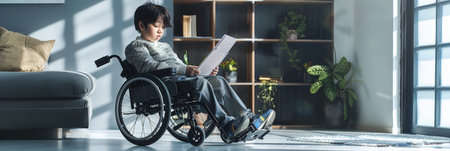 Young boy in a wheelchair reading a book in a bright living room. Represents education and focus.の素材