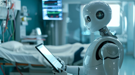 Robot nurse using a tablet to monitor patient vitals in a hospital room. AI-driven healthcare technology for patient care.の素材