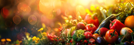 Colorful assortment of vegetables and fruits in a sunlit kitchen. Promoting healthy eating and fresh produceの素材
