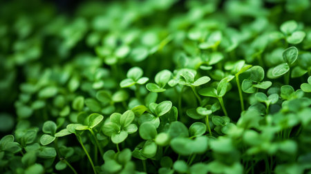 Lush green microgreens sprouting in abundance under soft lighting. Healthy, organic foliage ideal for indoor gardening.の素材