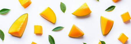 Fresh mango slices with green leaves on white background. Ideal for healthy summer recipes.の素材