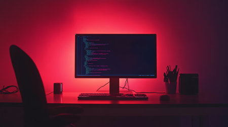 A red glowing monitor displaying code on a programmers desk, perfect for content about software development and IT innovationの素材