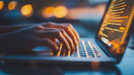 Developer coding on a laptop with soft bokeh lights in the background, highlighting software creation.の素材