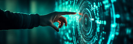 Man with binary code projected on his face in a digital background, symbolizing data security and hacking threats.の素材