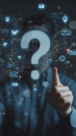 Man pointing at a large digital question mark surrounded by data icons in a futuristic environment. Concept of inquiry, technology, and decision-making.の素材