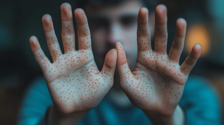Close-up of freckled hands with red spots from monkeypox symptoms. Skin rash is a key indicator of the monkeypox infection.の素材