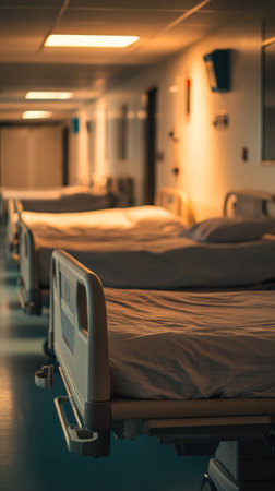 Empty hospital beds lined up in a dim hallway, symbolizing medical preparedness during an outbreak like monkeypox or mpox.の素材