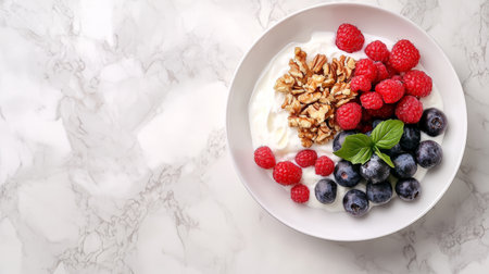 Minimalist yogurt bowl with raspberries, blueberries, and walnuts. Ideal for low-carb diets and weight loss.の素材