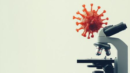 Conceptual image of a monkeypox virus particle under a microscope, representing Mpox virus research and healthcare scienceの素材