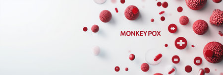 Medical objects, pills, and viral particles on white background with MONKEYPOX text. Symbolizing medical treatment of outbreak.の素材