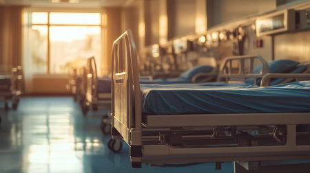 Hospital ward at sunrise with sunlight through windows, symbolizing hope and recovery after a viral outbreakの素材