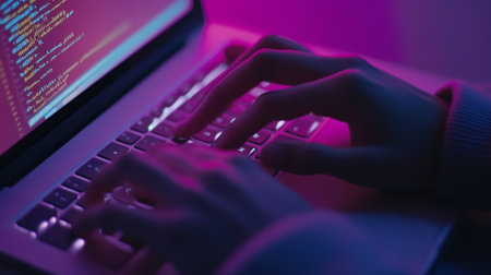 Hands typing on a laptop with programming lines illuminated by pink and blue light. Coding in a modern workspace.の素材