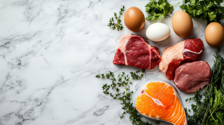 Assortment of raw meats, salmon, and eggs with fresh herbs on a marble surface. A high-protein diet concept for carnivore or keto meal plans.の素材