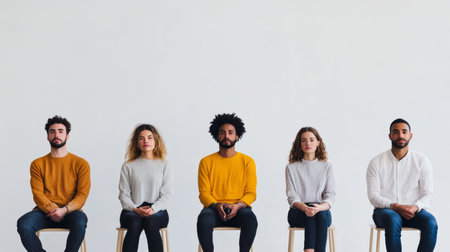 Multicultural group seated in a row, diverse expressions and casual fashion. Unity in diversity concept.の素材