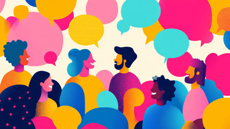 Colorful conversation scene with diverse people and speech bubbles. Emphasizes communication and inclusion.の素材