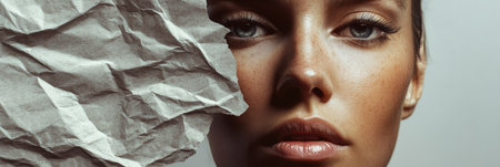 Close-up of a womans face partially obscured by crumpled paper. Creative concept on beauty and identity.の素材