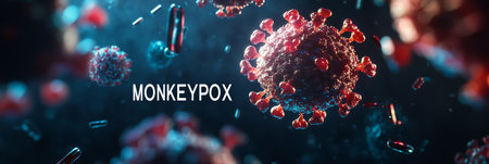Close-up of monkeypox virus wearing a mask with protect yourself text, emphasizing health safety and preventionの素材