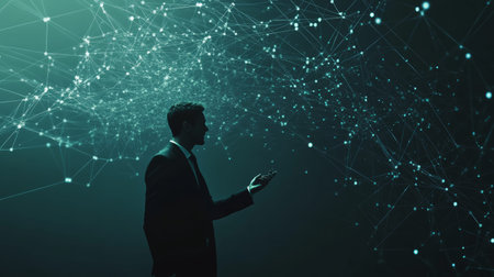 Businessman observing a green digital network spreading through the air. Technology and innovation concept for future data analysis and AI.の素材