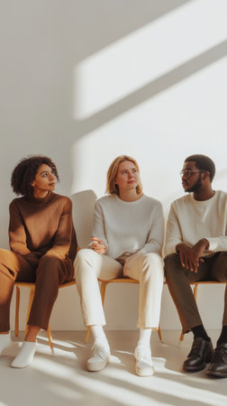 Group discussion in a warm toned setting, illustrating diversity in dialogue and attire.の素材