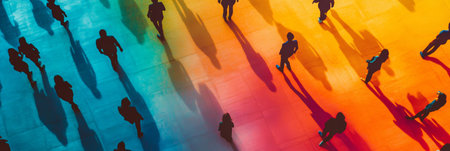 High-angle view of silhouetted people walking across a colorful gradient floor casting long shadows. Concept of diversity, movement, and progress.の素材