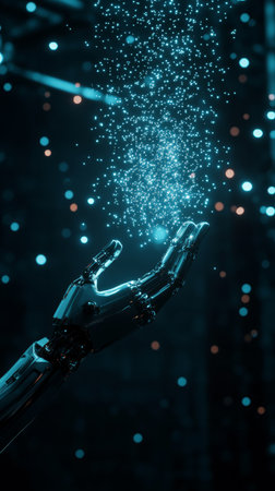 Robotic hand releasing digital particles in a futuristic environment. Concept of AI, technology, and software engineering.の素材
