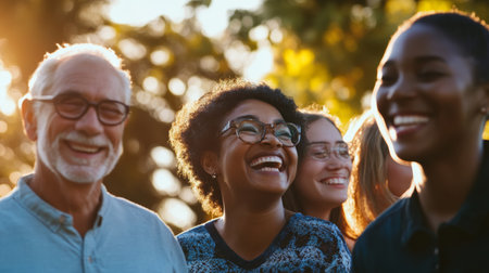 Elderly and young individuals sharing a joyful moment, emphasizing intergenerational and multicultural unity.の素材