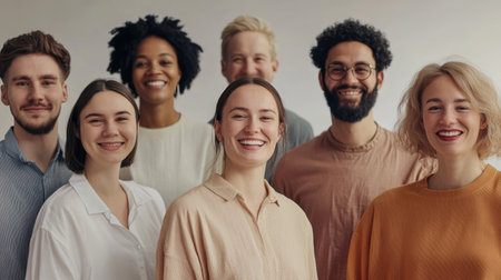 Diverse group of eight individuals displaying joy and togetherness. Ideal for concepts of team spirit and community integration.の素材