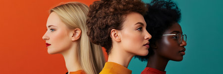 Profile view of diverse women against a bright background showcasing unity and diversity.の素材