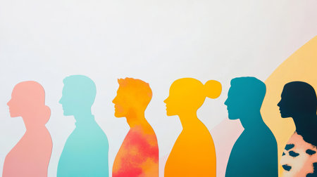 Colorful abstract human profiles aligned together on a gradient background. Representing diversity, equity, inclusion, and harmony.の素材