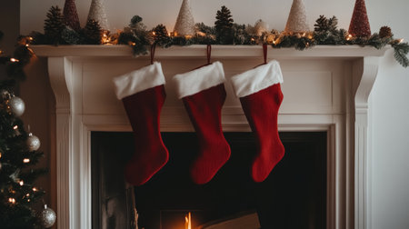 Cozy Christmas stockings hanging on a decorated mantel with festive garland and pine cones. Warm holiday atmosphere for Christmas Eve.の素材