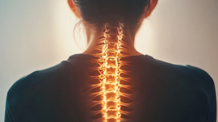 Woman with a glowing spine symbolizes back pain and the importance of seeking proper treatment for a healthy backの素材