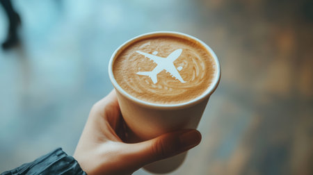 Savoring a cappuccino with latte art in an airport, a traveler gets a caffeine boost before their flight, capturing a moment of relaxation amidst travel hustleの素材