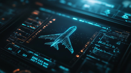 Advanced digital airplane is displayed on a screen with various data, hinting at a cutting edge approach to travel and transport management in the futureの素材
